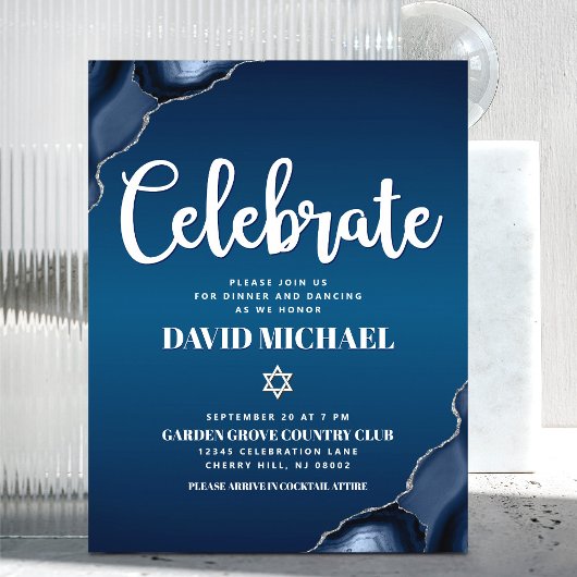 Bar Mitzvah Navy Blue Ombre Agate Script Modern Begleitkarte