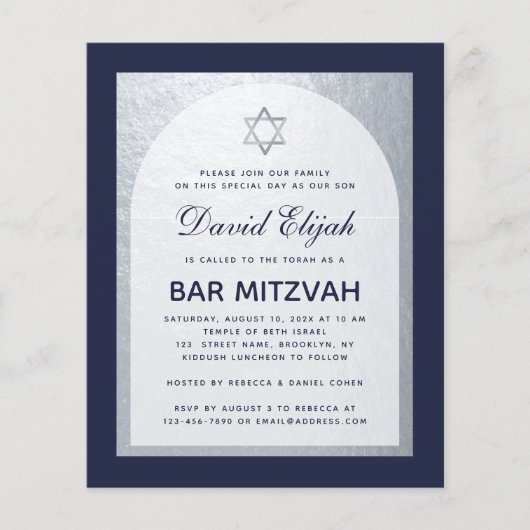 Bar Mitzvah Navy Blue Silver Budget Einladung (Vorderseite)