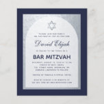 Bar Mitzvah Navy Blue Silver Budget Einladung<br><div class="desc">Eine Einladung der Bar mitzvah. Auf einem rechteckigen marineblauen Hintergrund befindet sich ein silberner Folienbogen aus Imitaten,  der auf weißem Hintergrund in marineblau gehalten ist. Der Name ist in einem eleganten kalligrafischen Skript geschrieben. Es gibt einen (Imitate) silbernen Stern von David über dem Text.</div>