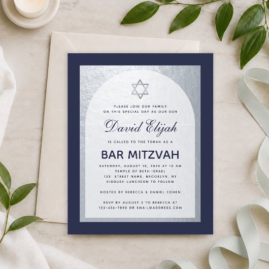 Bar Mitzvah Navy Blue Silver Budget Einladung