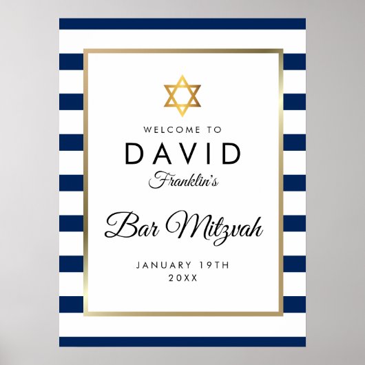 Bar Mitzvah Navy Blue White Gold Willkommenszeiche Poster (Vorne)