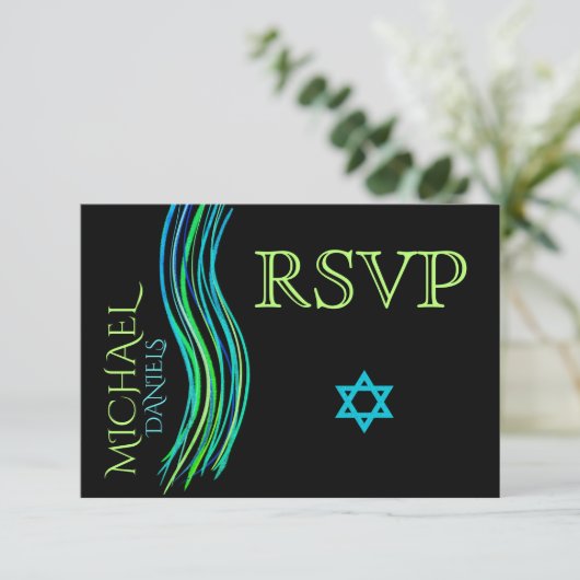 Bar Mitzvah Neon Green Gebet Shawl UAWG RSVP Karte (Stehend Vorderseite)