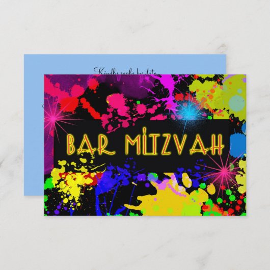 Bar Mitzvah, Neon Paint Spritzer, Custom RSVP Karte (Vorne/Hinten)