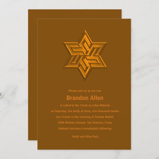 Bar Mitzvah Orange Tones Star von David Einladung (Vorne/Hinten)