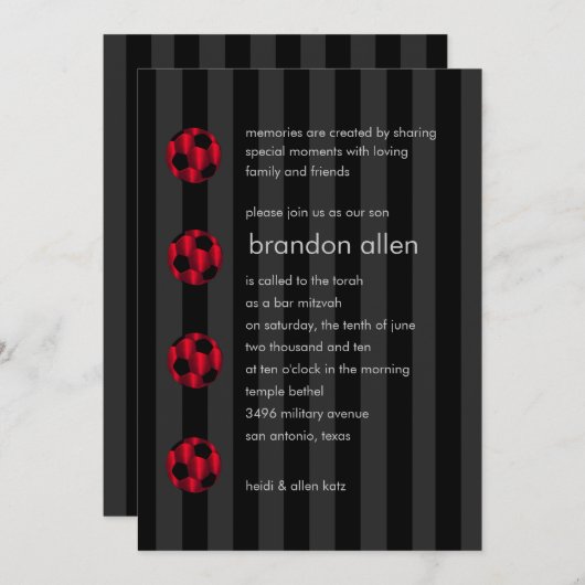 Bar Mitzvah Red and Black Soccer Ball Einladung (Vorne/Hinten)
