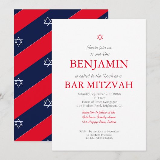 Bar Mitzvah Red Pattern Star von David Jewish Einladung (Vorne/Hinten)
