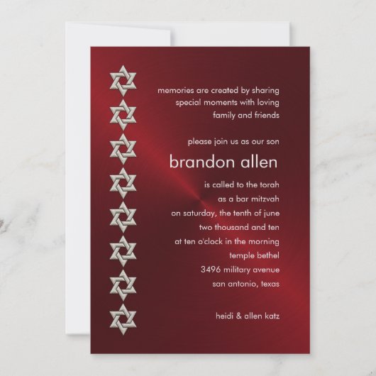 Bar Mitzvah Red Sheen Silver Stars of David Einladung (Vorderseite)
