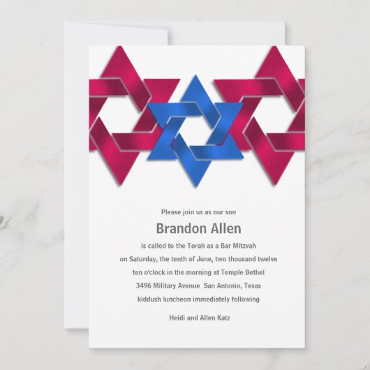 Bar Mitzvah Red White Blue Star von David Einladung (Vorderseite)