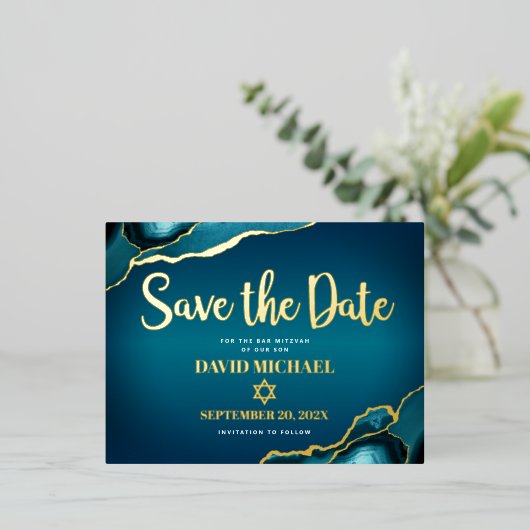 Bar Mitzvah Rett Datum Aquamarin Ombre Agate Real Folie Einladungspostkarte (Stehend vorne)