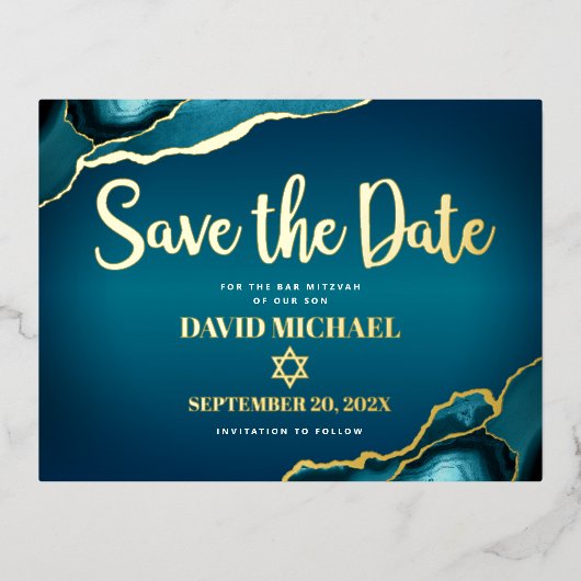 Bar Mitzvah Rett Datum Aquamarin Ombre Agate Real  Folie Einladungspostkarte (Vorderseite)