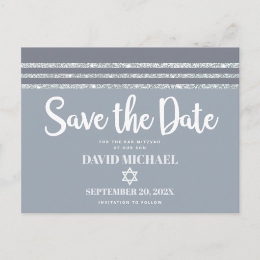 Bar Mitzvah Rettete Date Gray Silver Tallit Script Einladungspostkarte (Vorderseite)