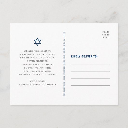 Bar Mitzvah Rettete Date Navy Typografie Blue Foil Einladungspostkarte (Rückseite)