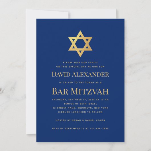 Bar Mitzvah Royal Blue Gold Star of David Simple Einladung (Vorderseite)