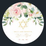 Bar Mitzvah Runder Aufkleber<br><div class="desc">Diese personalisierten Aufkleber können auf Schreibwaren,  Favoriten oder alles,  was Sie für Ihre Töchter Bat Mitzvah brauchen,  verwendet werden. Das Design besticht durch die floralen Aquarellbilder mit goldenen Punkten und einem Stern von David. Matching-Elemente sind verfügbar.</div>
