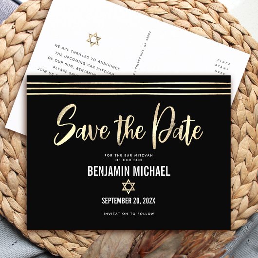 Bar Mitzvah Save the Date Black Gold Foil Script Einladungspostkarte