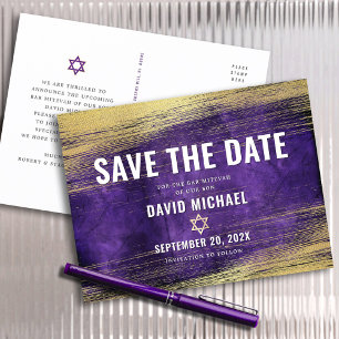 Bar Mitzvah Save the Date Lila Ombre Gold Foil Einladungspostkarte