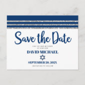Bar Mitzvah Save the Date Navy Blue Tallit Script Einladungspostkarte (Vorderseite)