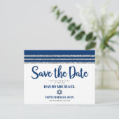 Bar Mitzvah Save the Date Navy Blue Tallit Script Einladungspostkarte (Stehend Vorderseite)