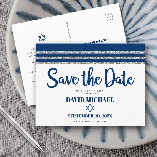 Bar Mitzvah Save the Date Navy Blue Tallit Script Einladungspostkarte