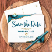 Bar Mitzvah Save the Date Türkis Agate Script Einladungspostkarte