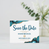 Bar Mitzvah Save the Date Türkis Agate Script Einladungspostkarte (Stehend Vorderseite)