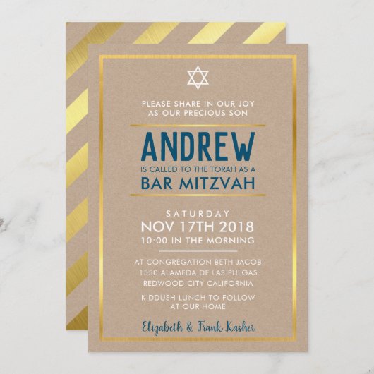 BAR MITZVAH - Schlaues, fett formatiertes Gold in Einladung (Vorne/Hinten)