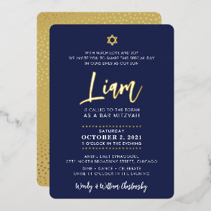 BAR MITZVAH Schriftzug Gold Navy Blau Folieneinladung