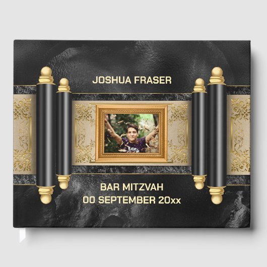 Bar mitzvah schwarzer Marmor Goldrolle Jungs Foto Gästebuch (Vorderseite)