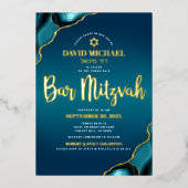 Bar Mitzvah Script Turquoise Ombre Agate Real Gold Folieneinladung (Vorderseite)