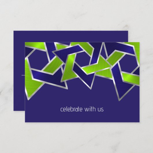 Bar Mitzvah Silver Blue Lime Green Star von David Einladung (Vorne/Hinten)