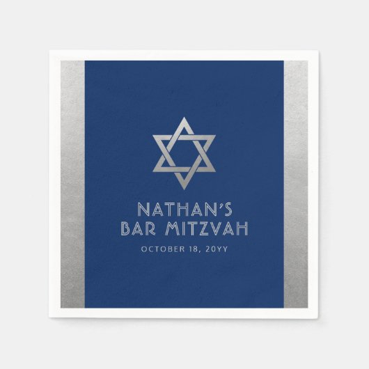 Bar Mitzvah Silver Blue Modern Einfach Personalisi Serviette (Vorderseite)