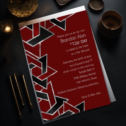 Bar Mitzvah Silver Red Black Star von David Einladung