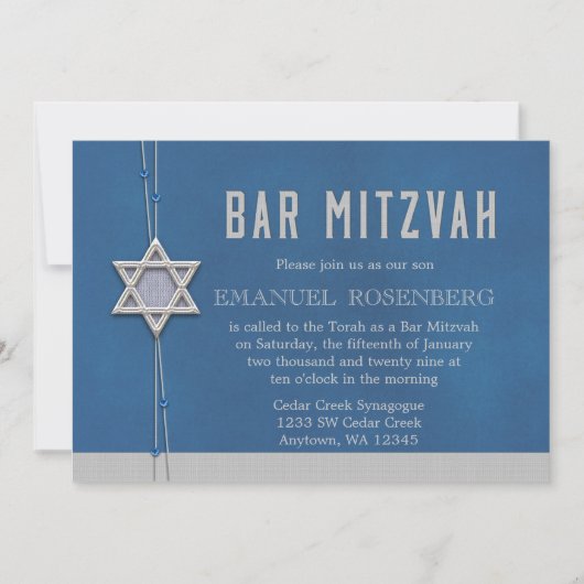Bar Mitzvah Silver Star Blue Beads Einladung (Vorderseite)