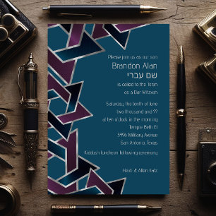 Bar Mitzvah Silver Teal Purple Star of David Einladung