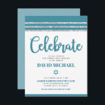 Bar Mitzvah Simple Modern Bold Aquamarin Silver Ta Begleitkarte<br><div class="desc">Seien Sie stolz, freuen Sie sich und präsentieren Sie diesen Meilenstein Ihres Lieblings-Bar Mitzvah! Fügen Sie diese coole, einzigartige, moderne, personalisierte Einlage für zusätzliche Informationen zu Ihrer Veranstaltung ein. Die aquamarine Schrift-Typografie, Star of David und ein staubiger aquamariner Blau- und Silberstreifen Glitzer gestreift tallit inspirierte Grafik-Overlay auf einem einfachen, weißen...</div>