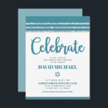 Bar Mitzvah Simple Modern Bold Aquamarin Silver Ta Begleitkarte<br><div class="desc">Seien Sie stolz, freuen Sie sich und präsentieren Sie diesen Meilenstein Ihres Lieblings-Bar Mitzvah! Fügen Sie diese coole, einzigartige, moderne, personalisierte Einlage für zusätzliche Informationen zu Ihrer Veranstaltung ein. Die aquamarine Schrift-Typografie, Star of David und ein staubiger aquamariner Blau- und Silberstreifen Glitzer gestreift tallit inspirierte Grafik-Overlay auf einem einfachen, weißen...</div>