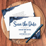 Bar Mitzvah Simple Modern Navy Blue Agate Script Save The Date<br><div class="desc">Achten Sie darauf, dass alle Ihre Freunde und Verwandten den Meilenstein Ihres Sohnes Bar Mitzvah feiern können! Versenden Sie diese coole, einzigartige, moderne, personalisierte "Save the Date" Anzeigenkarte. Navy Schrift Typografie und Star of David überlagern einen schlichten, weißen Hintergrund mit Stahl blauen agate Felsen akzentuiert mit Imitaten silbernen Venen. Ihre...</div>