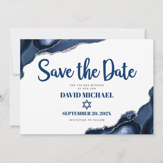 Bar Mitzvah Simple Modern Navy Blue Agate Script Save The Date (Vorderseite)