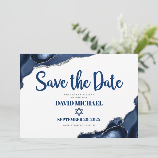 Bar Mitzvah Simple Modern Navy Blue Agate Script Save The Date (Stehend Vorderseite)