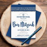 Bar Mitzvah Simple Modern Tallit Navy Blue Script Einladung<br><div class="desc">Seien Sie stolz, freuen Sie sich und präsentieren Sie diesen Meilenstein Ihres Lieblings-Bar Mitzvah! Versenden Sie diese coole, einzigartige, moderne, personalisierte Einladung für eine Veranstaltung, an die Sie sich erinnern können. Fett, marineblaue Schriftzeichen, Stern von David und ein marineblau und silber gestreiftes Tallit inspirierte grafische Overlay ein einfacher, weißer Hintergrund....</div>