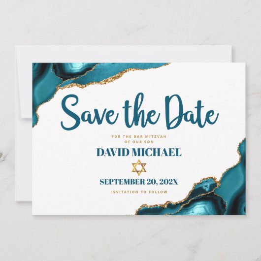 Bar Mitzvah Simple Modern Turquoise Agate Script Save The Date (Vorderseite)