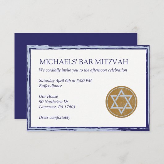 Bar Mitzvah sind kiddish Kartenblau und -gold in Einladung (Vorne/Hinten)