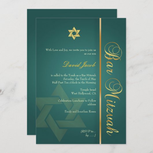 Bar Mitzvah/smaragdgrün/gold Einladung (Vorne/Hinten)