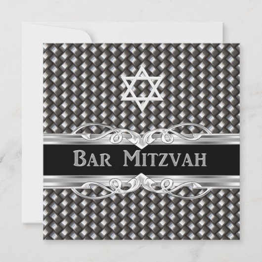 Bar Mitzvah Star Black Silver Metal männlicher Jun Einladung (Vorderseite)
