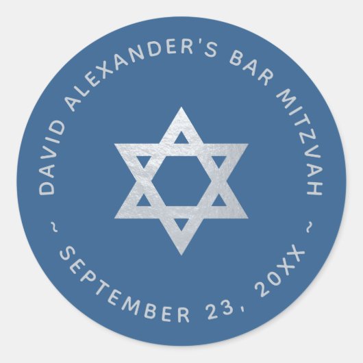Bar Mitzvah Star of David Classic Blue Faux Silver Runder Aufkleber (Vorderseite)