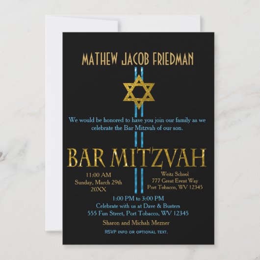 Bar Mitzvah | Star of David | Schwarz Einladung (Vorderseite)