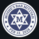 Bar mitzvah Stern von David blau jede Farbe Monogr Runder Aufkleber<br><div class="desc">Bar mitzvah Aufkleber mit einem weißen Stern von David mit dem Monogramm des Jungen Initial,  und Name und Datum um den Stern herum. Die Standardfarben sind weiß und dunkelblau,  aber alle Farben sind im Designwerkzeug vollständig anpassbar.</div>
