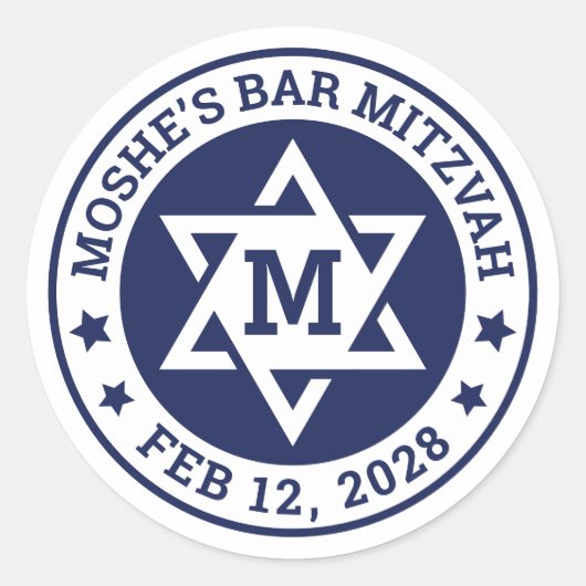 Bar mitzvah Stern von David blau jede Farbe Monogr Runder Aufkleber (Vorderseite)