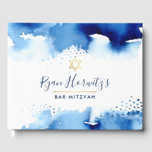 BAR MITZVAH Stilvoll goldsternblau-Aquarell Gästebuch (Vorderseite)