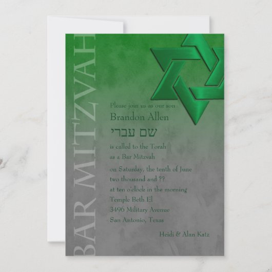 Bar Mitzvah Stylish Green Star von David Ombre Einladung (Vorderseite)